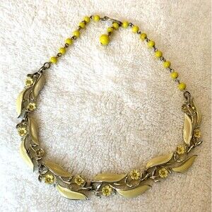 Vintage Lisner Yellow Enamel Floral Necklace Mid-Century Statement *Flaws Noted